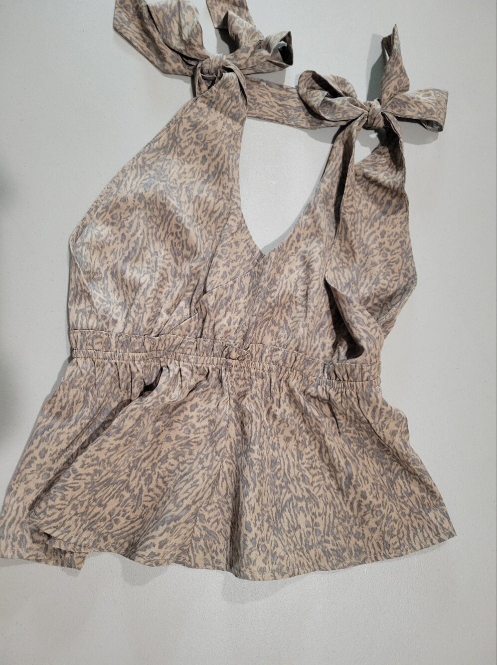 PinkLily Taupe Animal Print Tie-Shoulder V-Neck Top